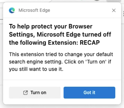 Screenshot of Edge warning