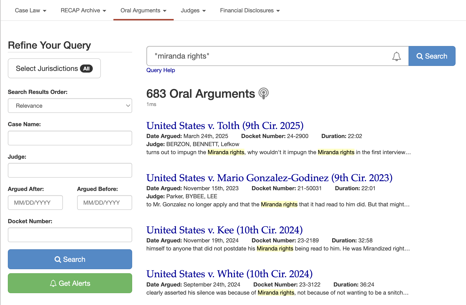 A screenshot of Oral Arguments search