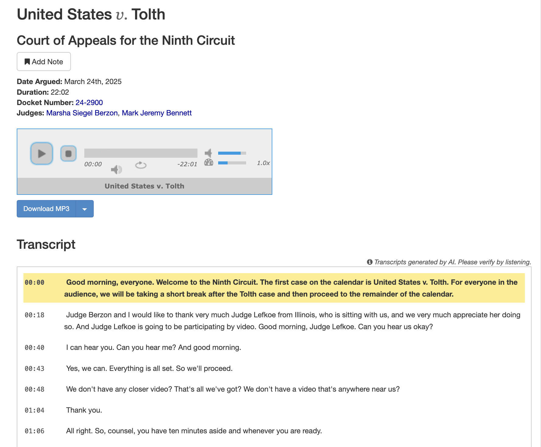 A screenshot of an Oral Argument transcript